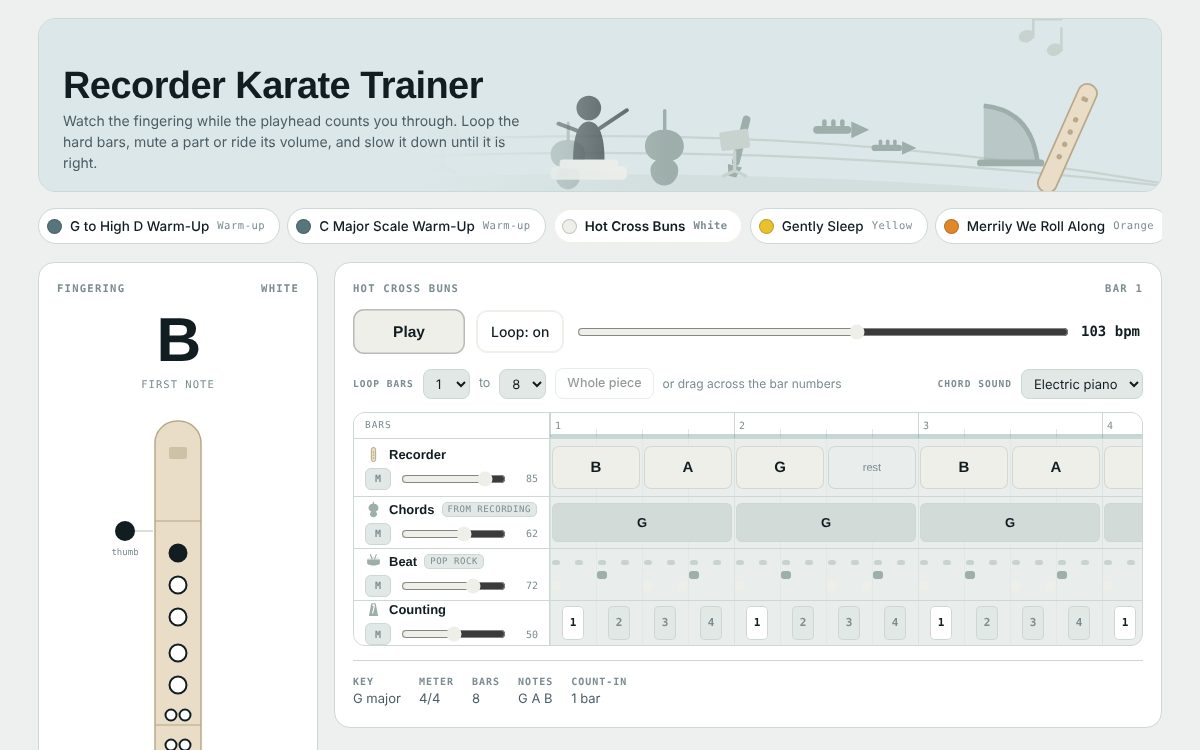 The Recorder Karate Trainer, showing the recorder fingering and the bars of Hot Cross Buns